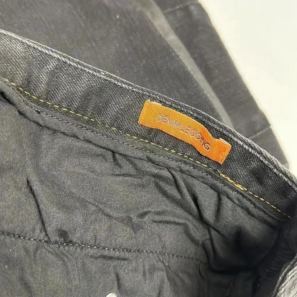 Tory Burch Denim Leggings Pants Jeans Low Rise Leather Trim Skinny Black Size 28